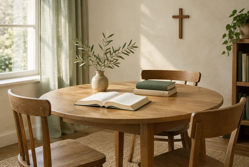 Open books and an olive branch on a wooden table, with chairs gathered in a sunlit study corner