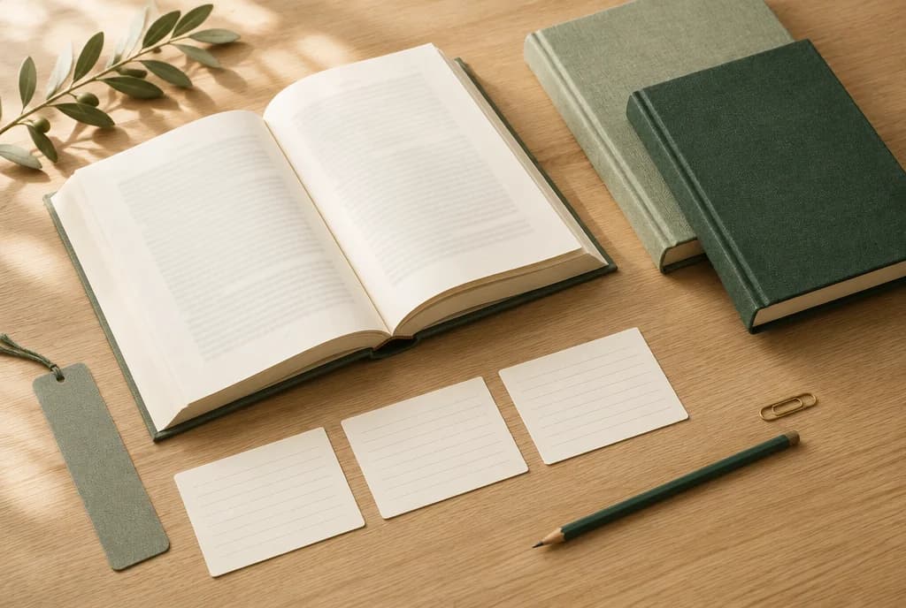 Linen-bound books, reference cards, a bookmark and a pencil arranged on a warmly lit desk
