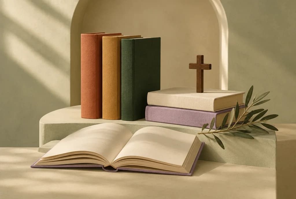 Linen-bound books, an open book, an olive branch, and a wooden cross in a sunlit sage alcove