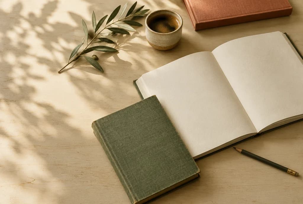 An open notebook, a green linen book, a pencil, and coffee on a sunlit table