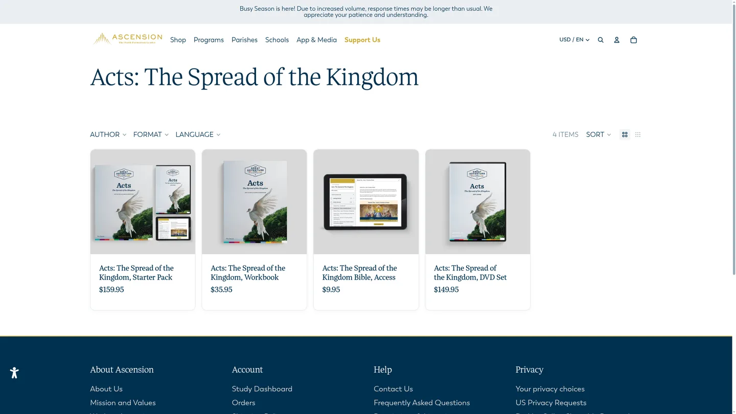 Screenshot of the Acts: The Spread of the Kingdom publisher website