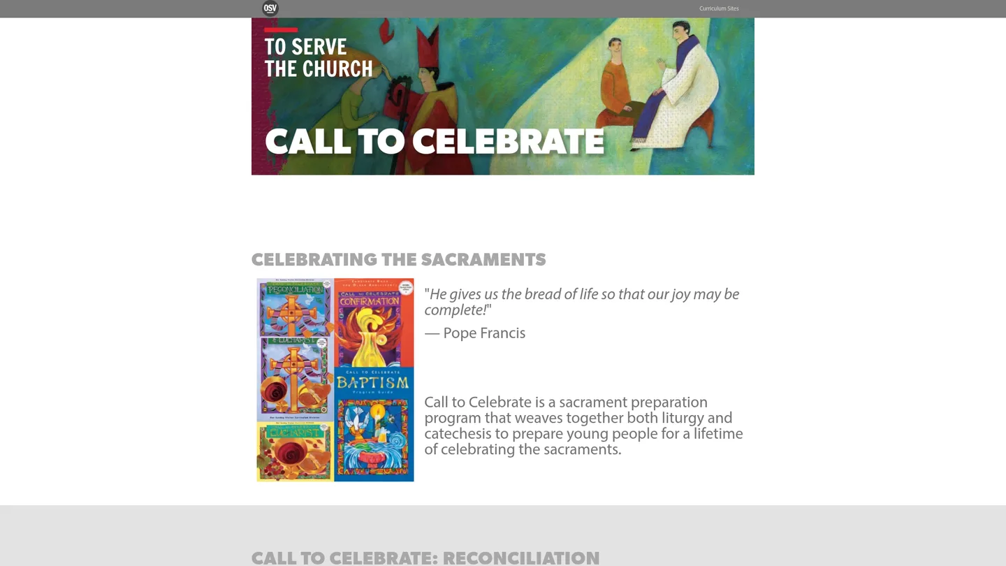 Screenshot of the Call to Celebrate: Confirmation publisher website