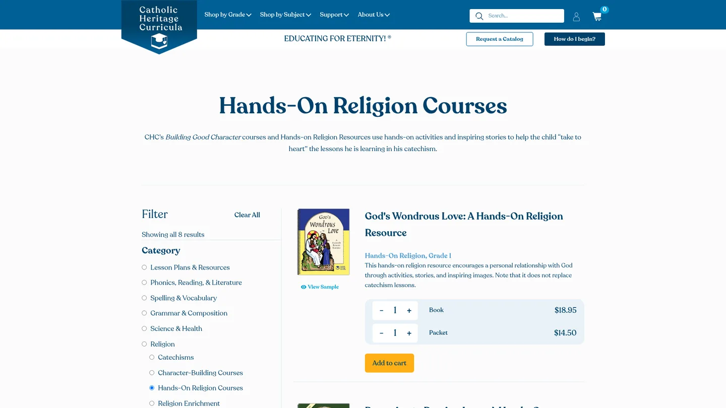 Screenshot of the Catholic Heritage Curricula: Religion 1-5 publisher website