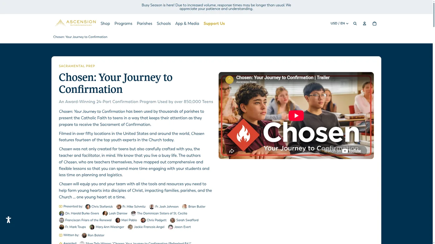 Screenshot of the Chosen: Your Journey to Confirmation publisher website