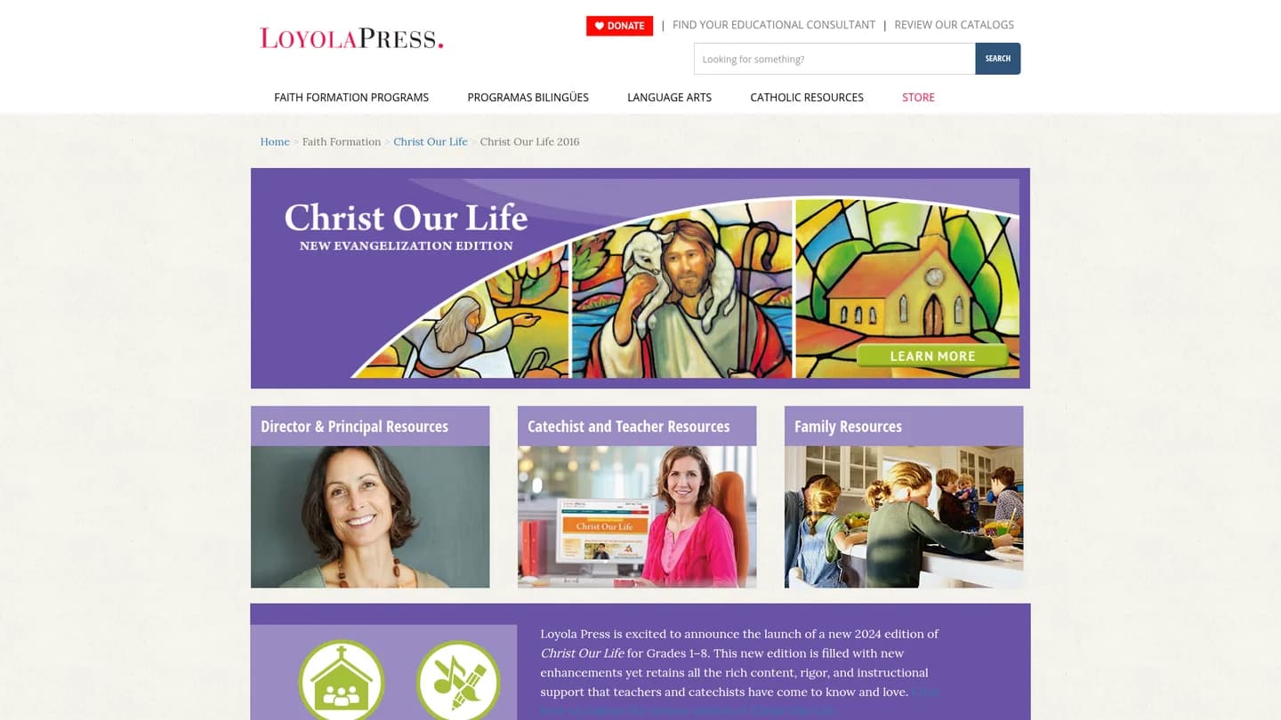 Screenshot of the Christ Our Life: New Evangelization Edition publisher website