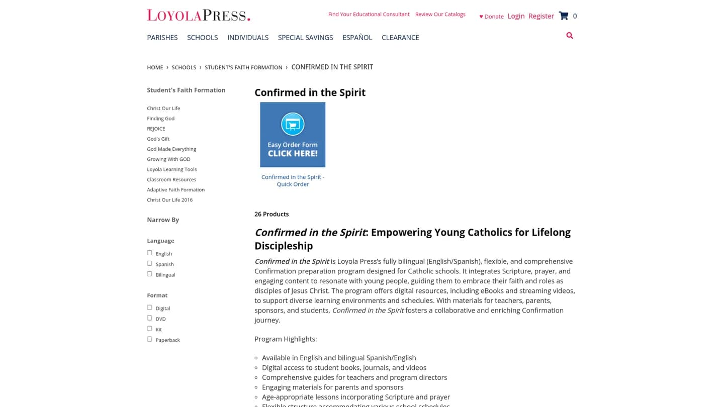 Screenshot of the Confirmed in the Spirit publisher website