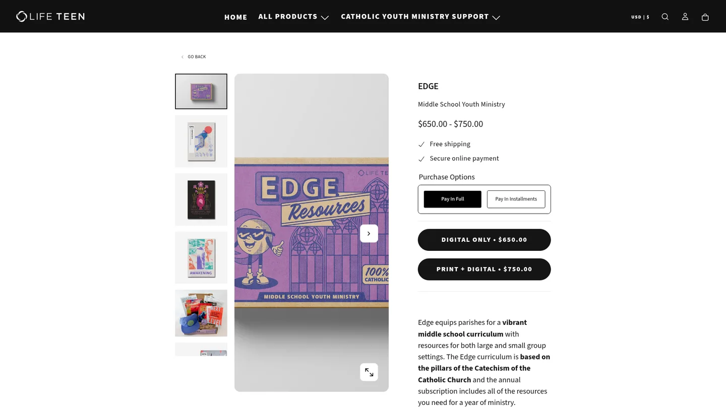 Screenshot of the Edge (Middle School) publisher website