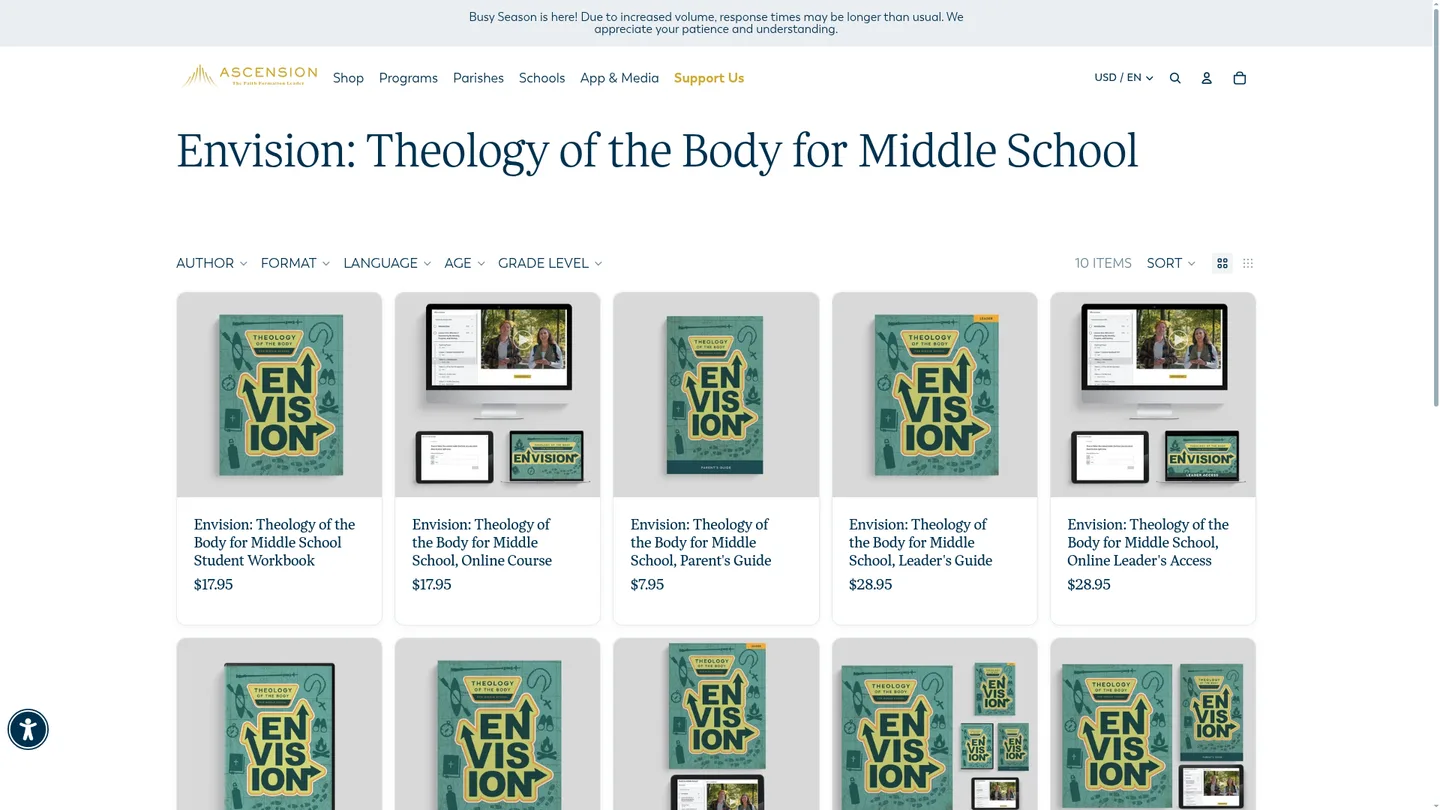 Screenshot of the Envision: Theology of the Body for Middle School publisher website