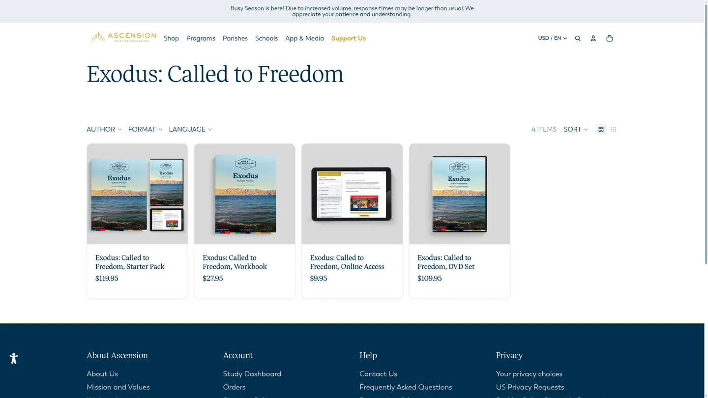Screenshot of the Exodus: Called to Freedom publisher website