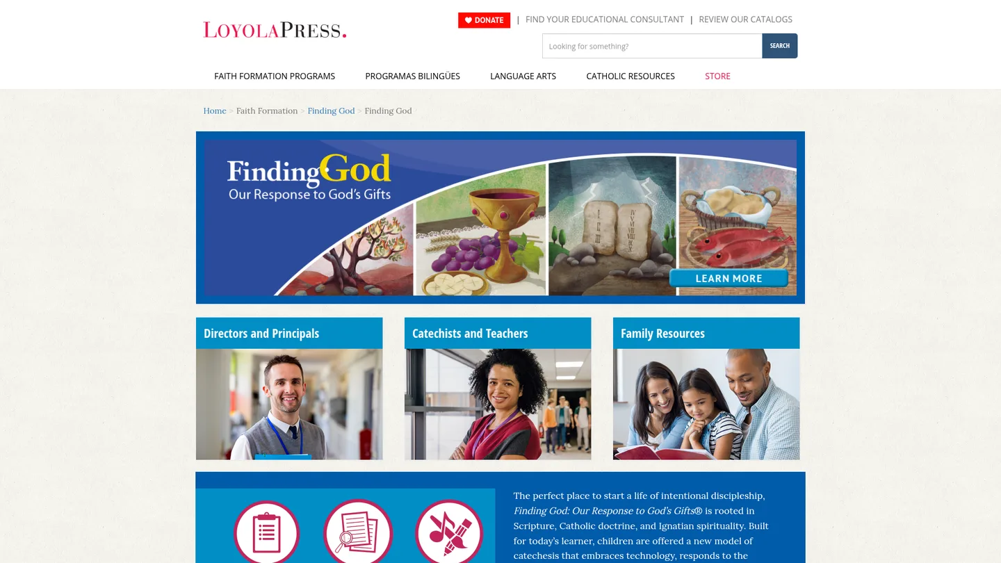 Screenshot of the Finding God: Our Response to Gods Gifts publisher website