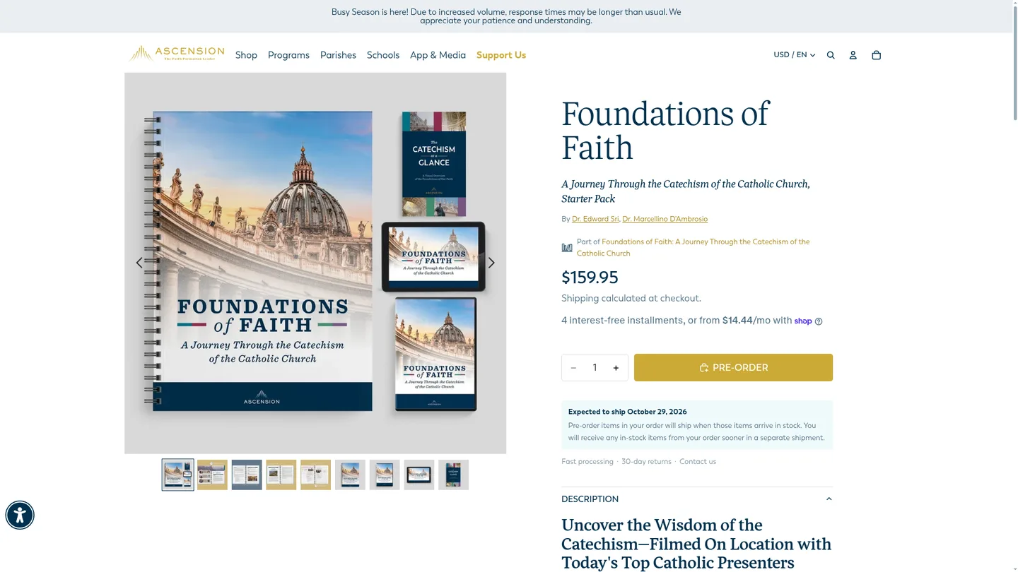 Screenshot of the Foundations of Faith: A Journey Through the Catechism publisher website