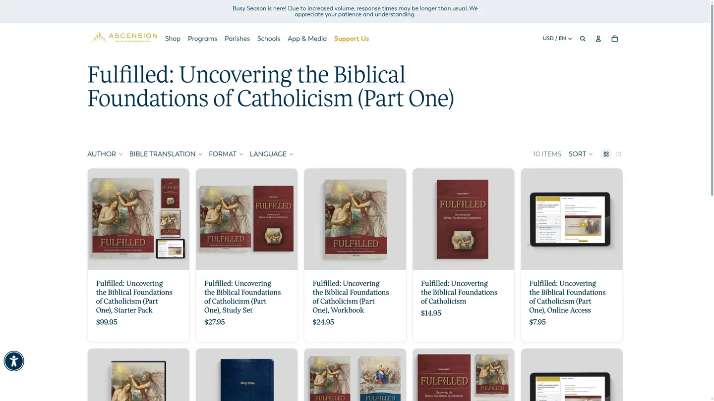 Screenshot of the Fulfilled: Uncovering the Biblical Foundations of Catholicism publisher website