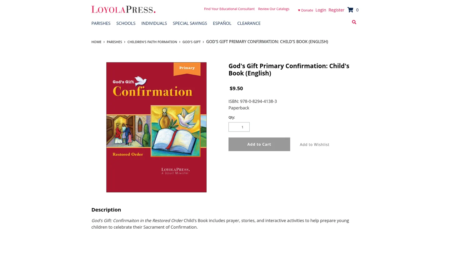 Screenshot of the God's Gift: Confirmation publisher website