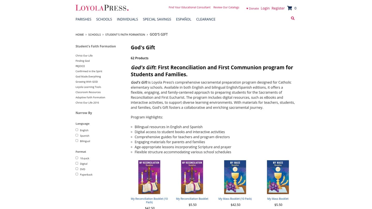 Screenshot of the Gods Gift: Reconciliation and Eucharist publisher website