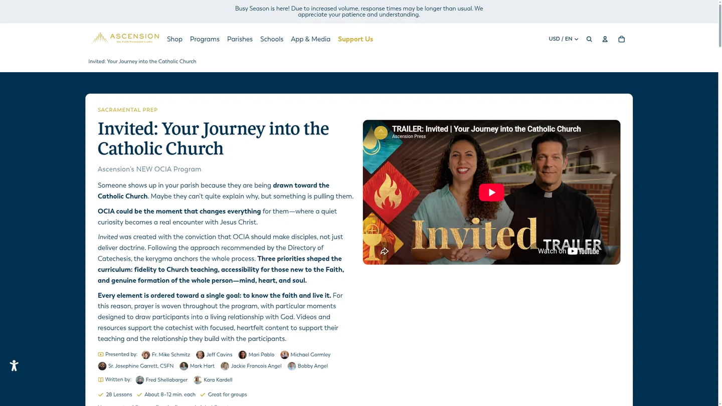 Screenshot of the Invited: Your Journey into the Catholic Church publisher website