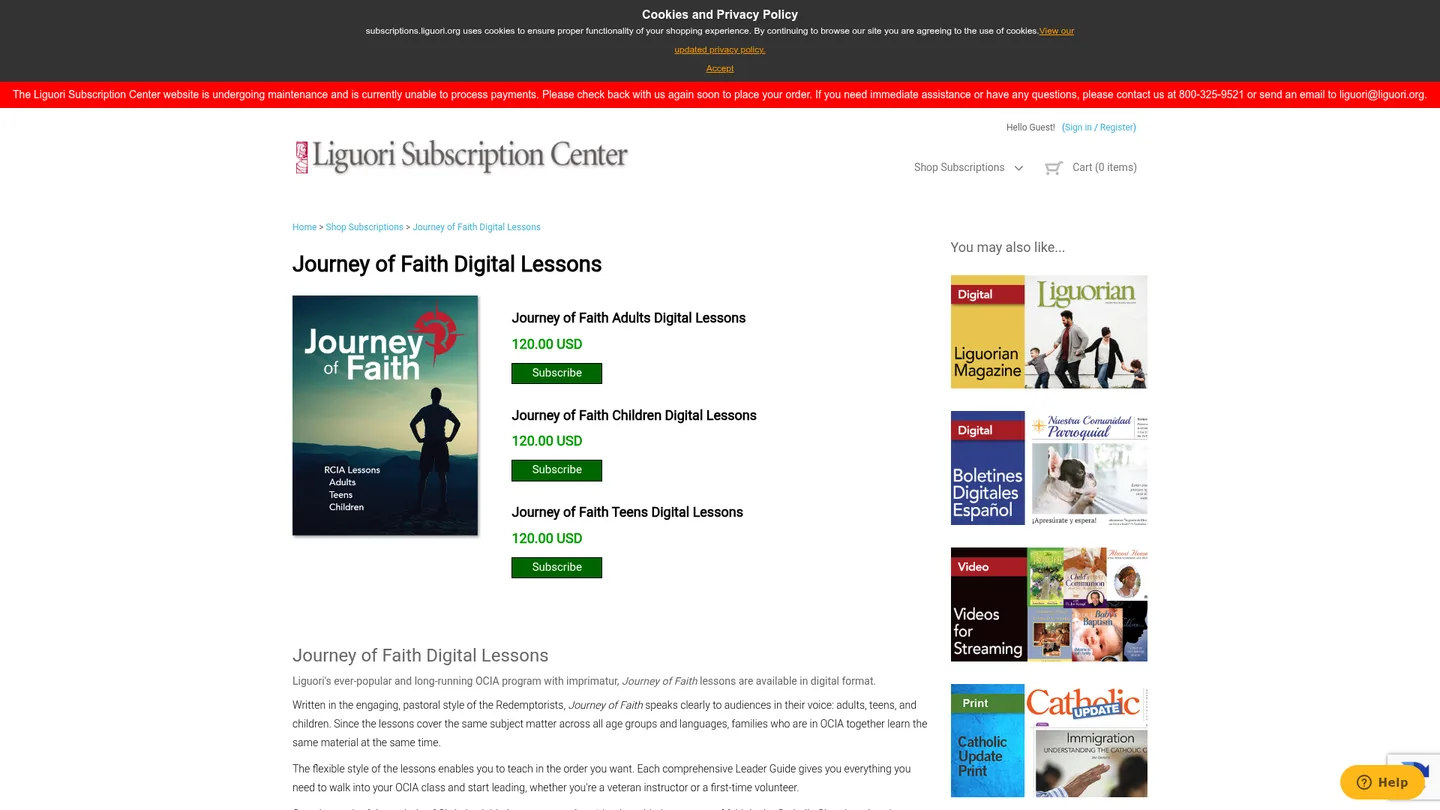 Screenshot of the Journey of Faith for Adults publisher website