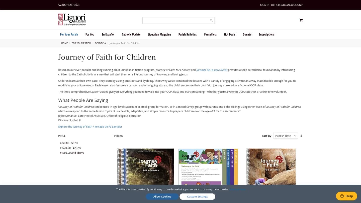 Screenshot of the Journey of Faith for Children publisher website