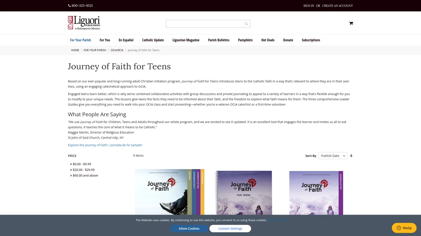 Screenshot of the Journey of Faith for Teens publisher website