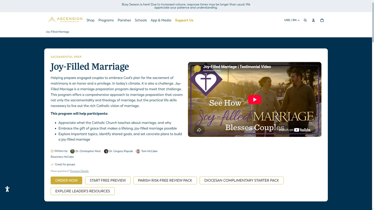 Screenshot of the Joy-Filled Marriage publisher website