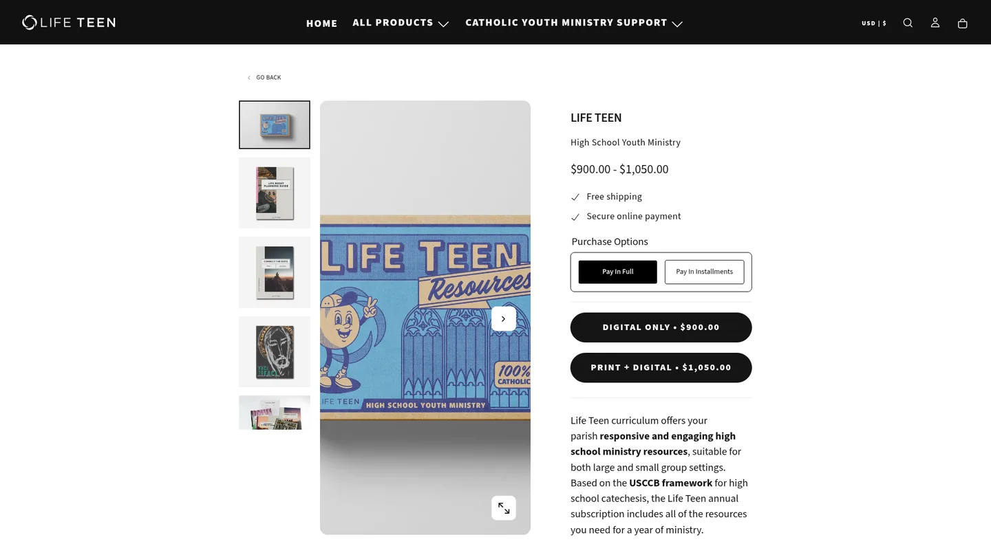 Screenshot of the Life Teen (High School) publisher website