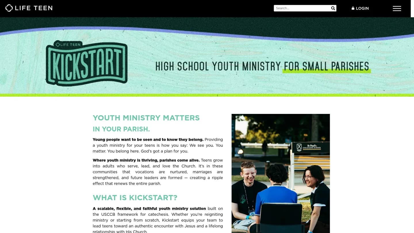Screenshot of the Life Teen Kickstart publisher website