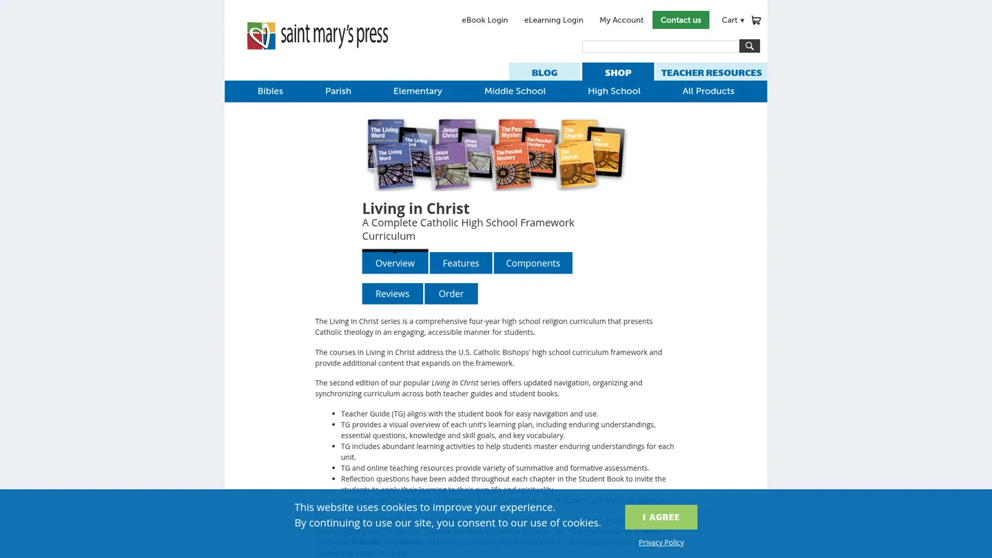 Screenshot of the Living in Christ High School Series publisher website