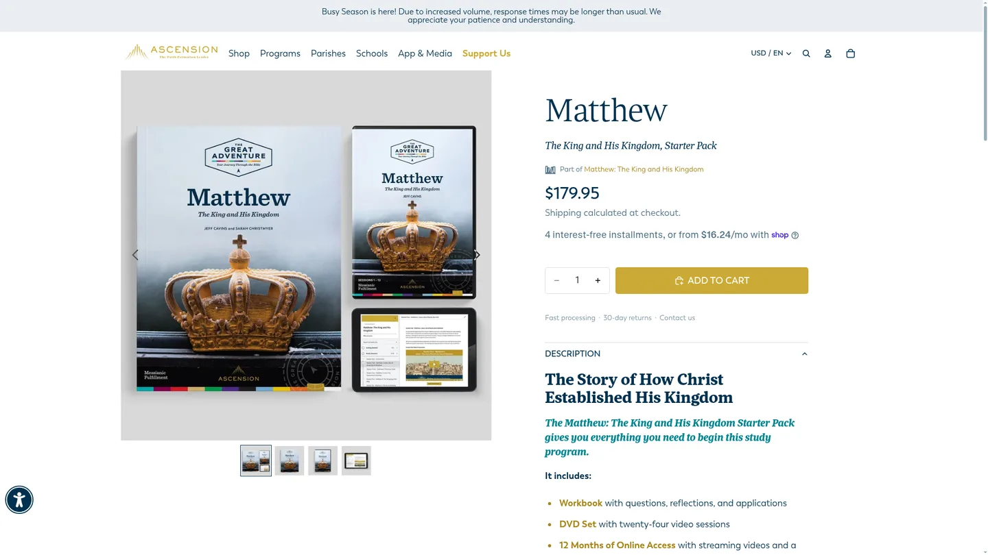 Screenshot of the Matthew: The King and His Kingdom publisher website