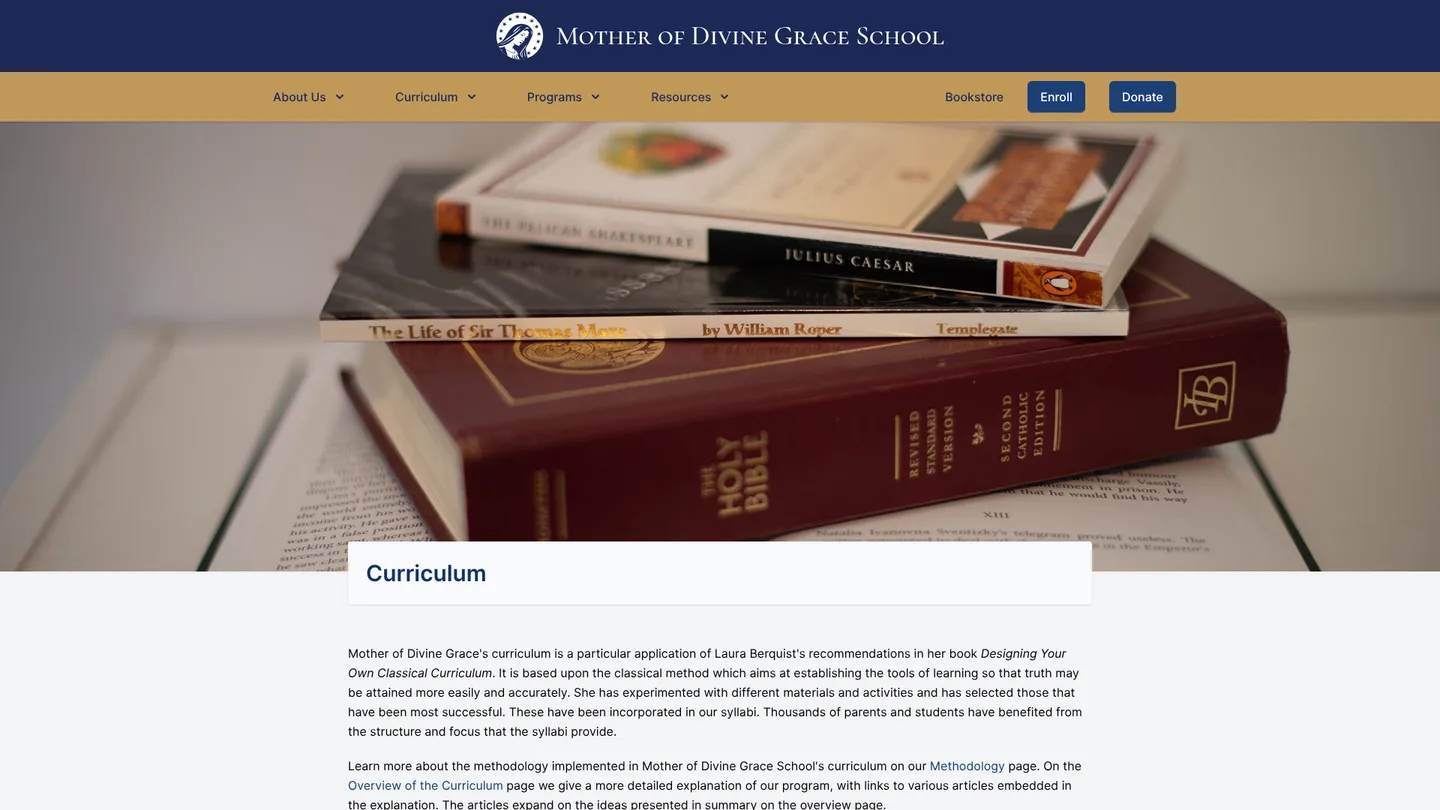 Screenshot of the Mother of Divine Grace Religion Curriculum publisher website
