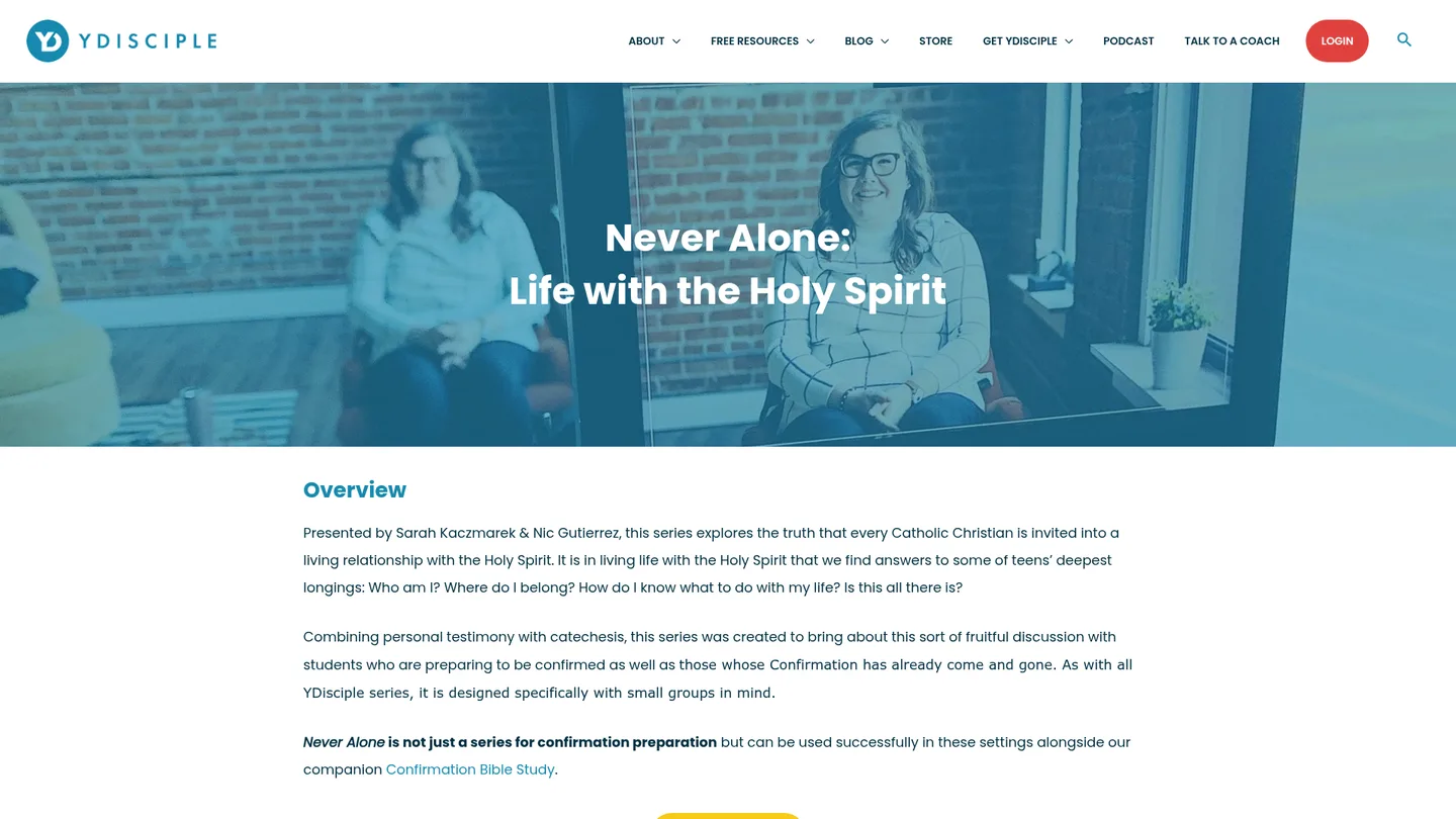 Screenshot of the Never Alone: Life with the Holy Spirit publisher website