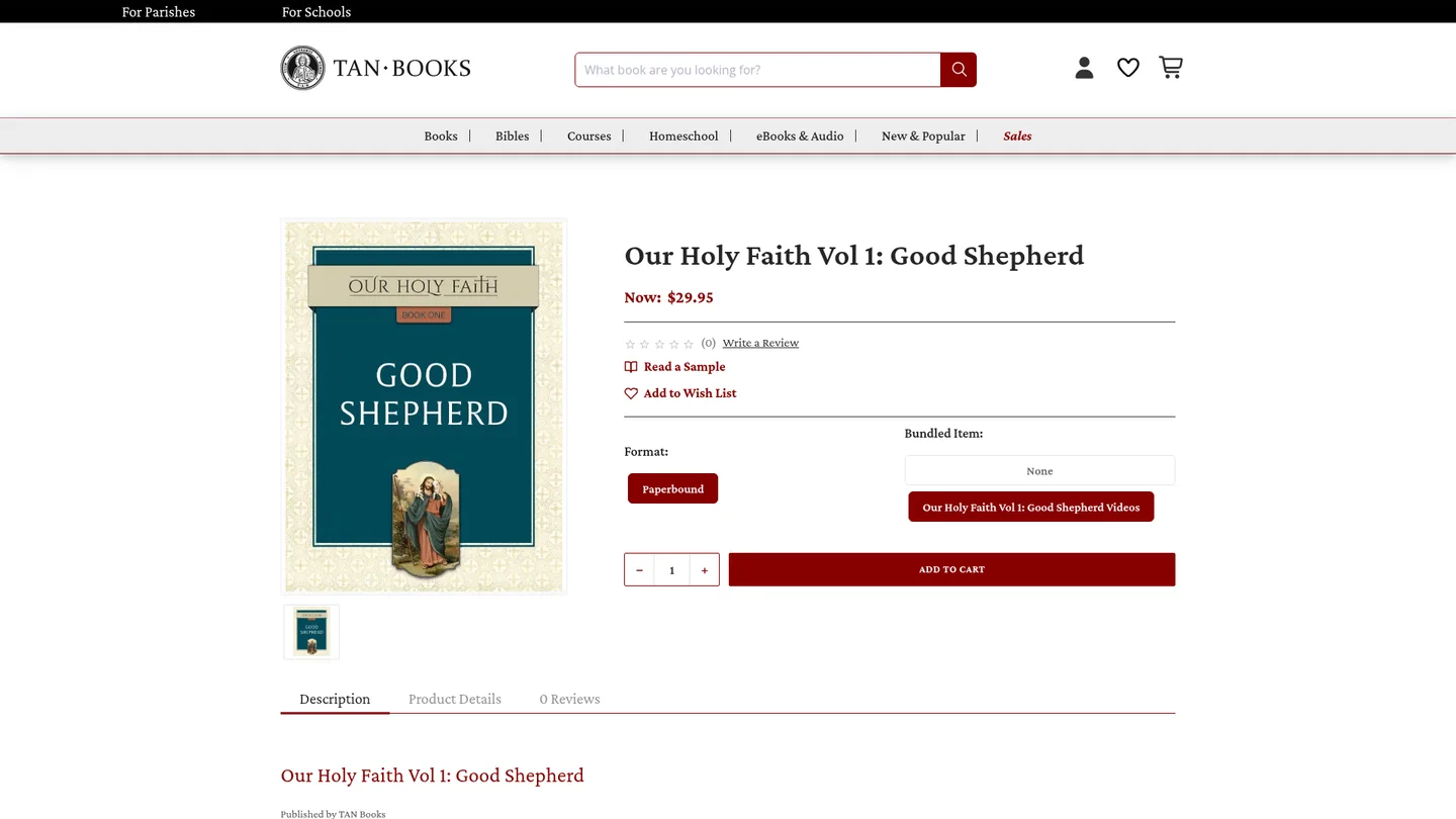 Screenshot of the Our Holy Faith Series publisher website