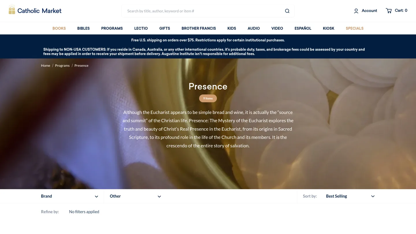 Screenshot of the Presence: The Mystery of the Eucharist publisher website