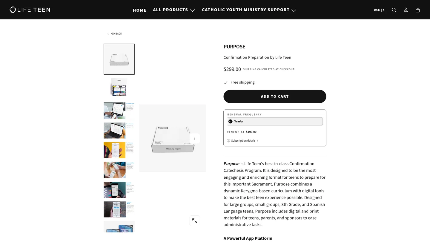 Screenshot of the Purpose (Life Teen Confirmation) publisher website