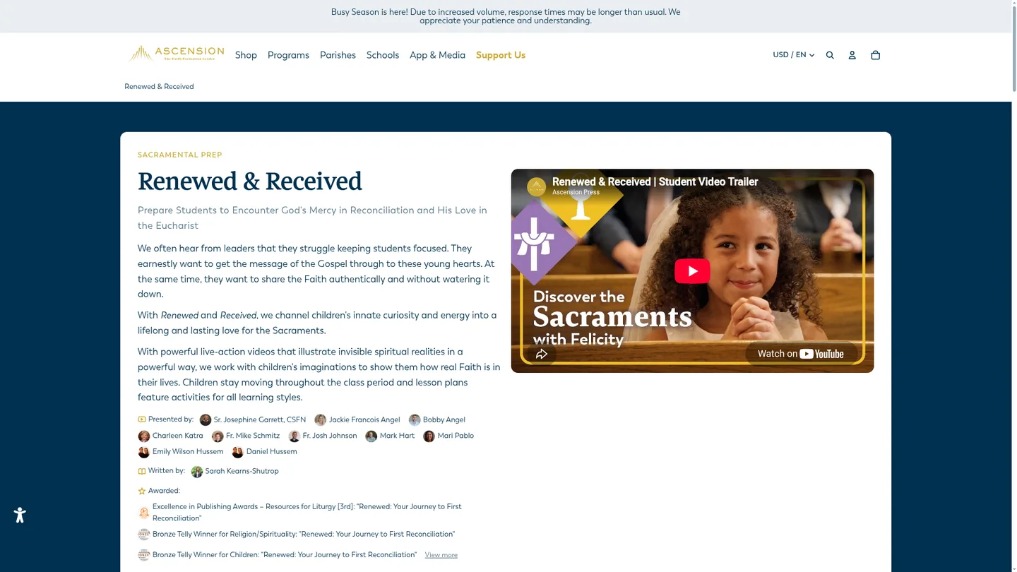 Screenshot of the Received: Your Journey to First Communion publisher website