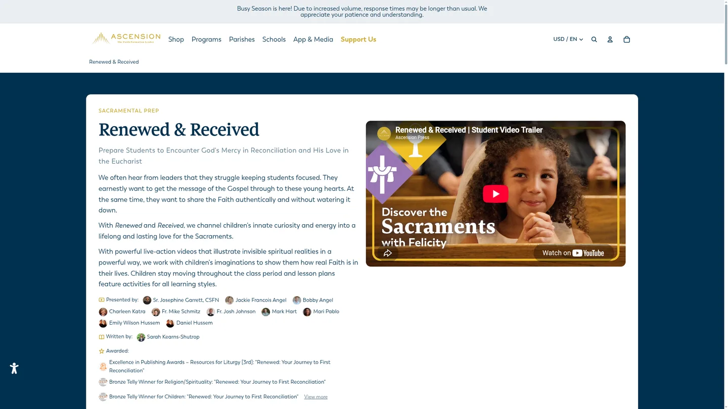 Screenshot of the Renewed: Your Journey to First Reconciliation publisher website
