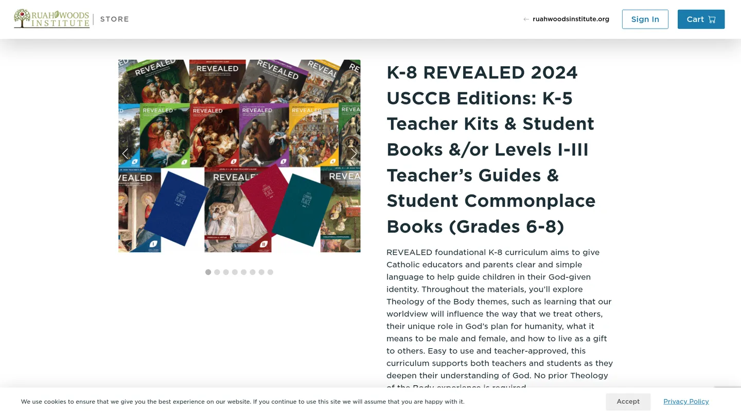 Screenshot of the REVEALED: K-8 Theology of the Body Curriculum public landing page