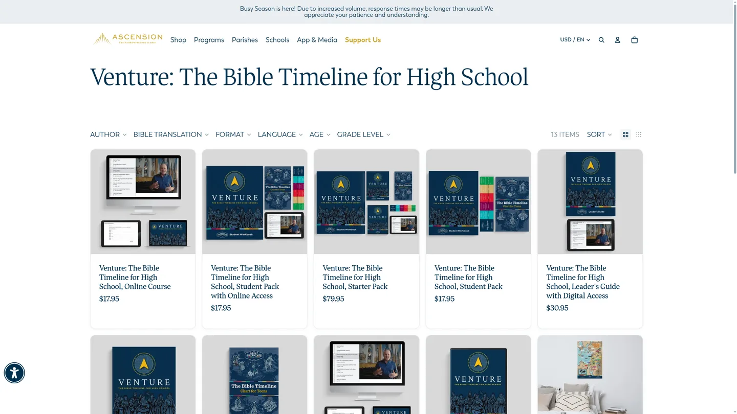 Screenshot of the Venture: The Bible Timeline for High School publisher website