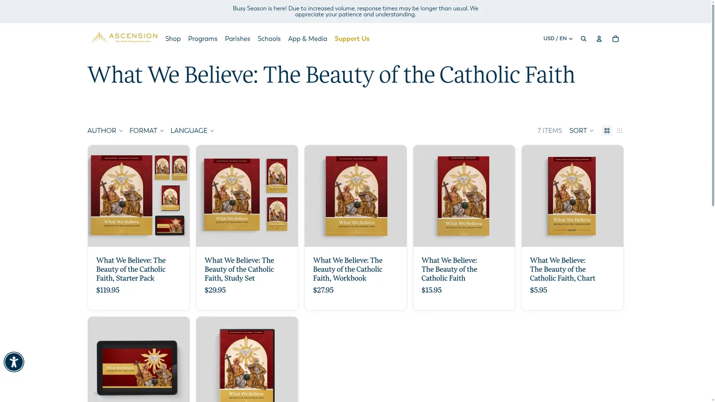 Screenshot of the What We Believe: The Beauty of the Catholic Faith publisher website