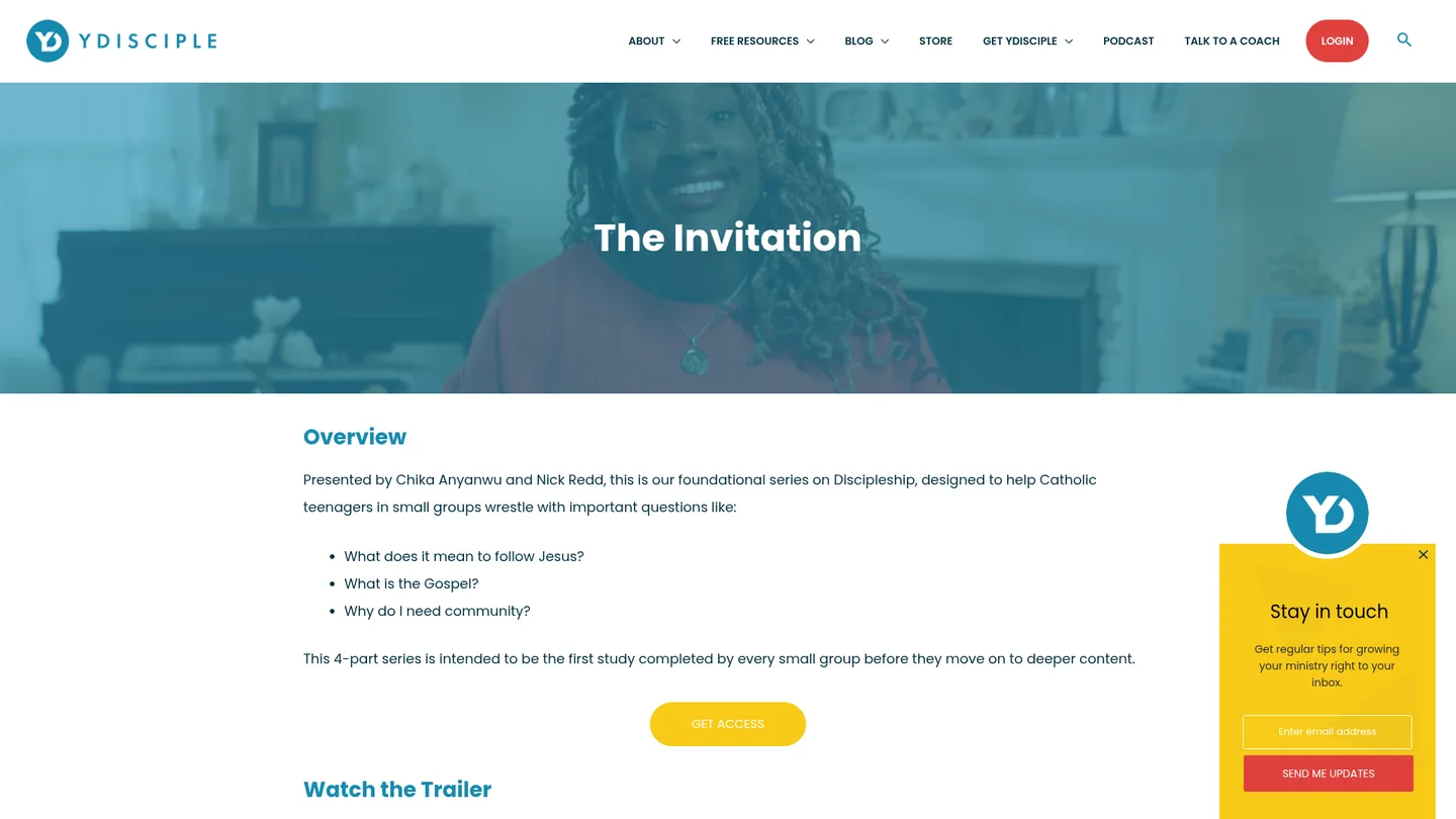 Screenshot of the YDisciple: The Invitation publisher website