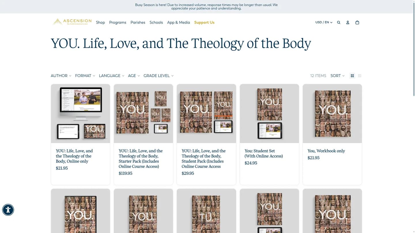 Screenshot of the YOU: Life, Love, and the Theology of the Body publisher website